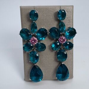 Teal Blue And Pink Crystals Floral Dangle Fashion Statement Earrings, Brand New